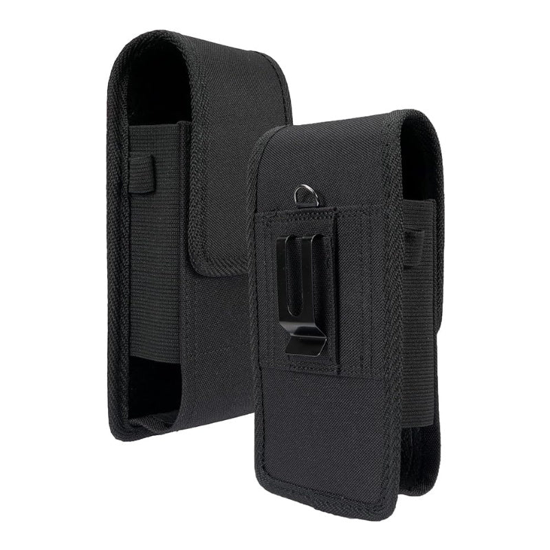 Rugged Canvas Pouch Vertical Holster Holder Metal Clip and Secure Belt Thread Magnetic Closure (Black)