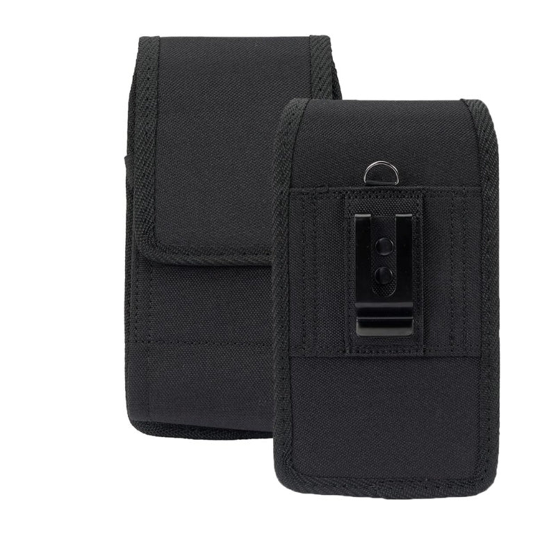 Rugged Canvas Pouch Vertical Holster Holder Metal Clip and Secure Belt Thread Magnetic Closure (Black)