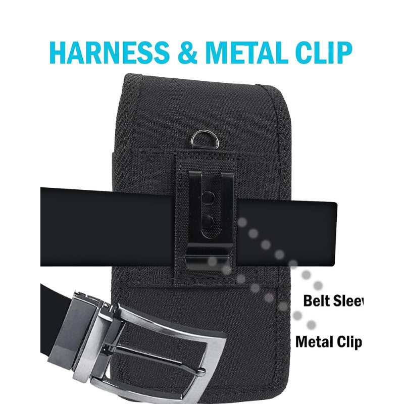 Rugged Canvas Pouch Vertical Holster Holder Metal Clip and Secure Belt Thread Magnetic Closure (Black)