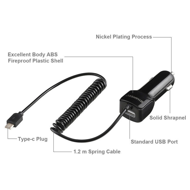 HAWEEL 5V 3.1A USB-C / Type-C Car Charger with Spring Cable, Length: 30cm-120cm