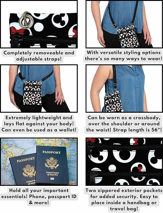 Disney Passport Bag Crossbody Travel Mickey Minnie Eeyore Stitch All Over Print black