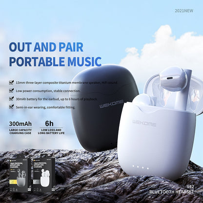 Copy of WK V42 True Wireless Stereo Semi-in-ear Bluetooth Headset with Charging Compartment (White)
