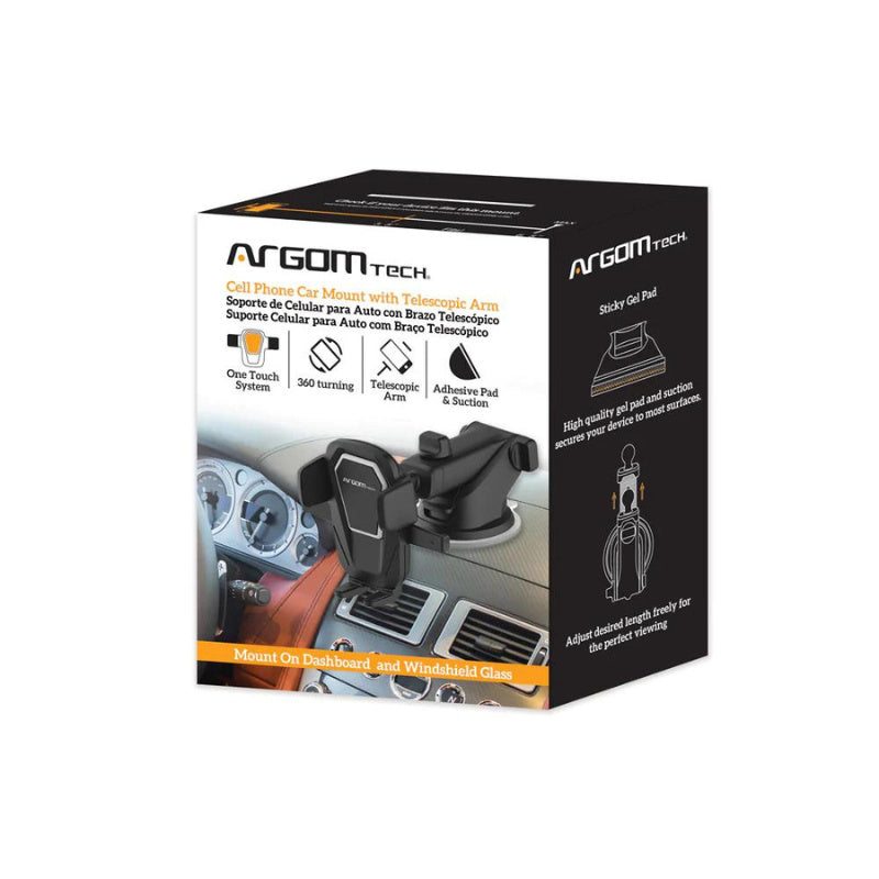 CELL PHONE CAR MOUNT ONE TOUCH TELESCOPIC ARM ARG-AC-0310BK