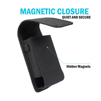 Rugged Canvas Pouch Vertical Holster Holder Metal Clip and Secure Belt Thread Magnetic Closure (Black)
