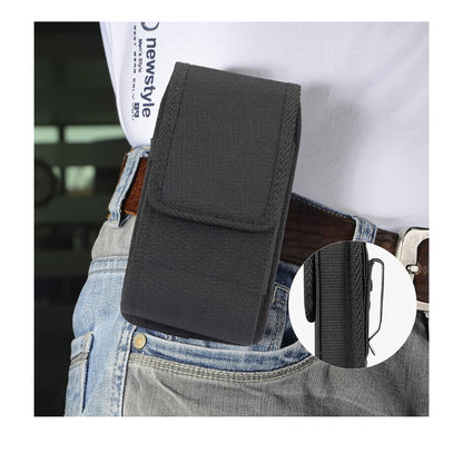 Rugged Canvas Pouch Vertical Holster Holder Metal Clip and Secure Belt Thread Magnetic Closure (Black)
