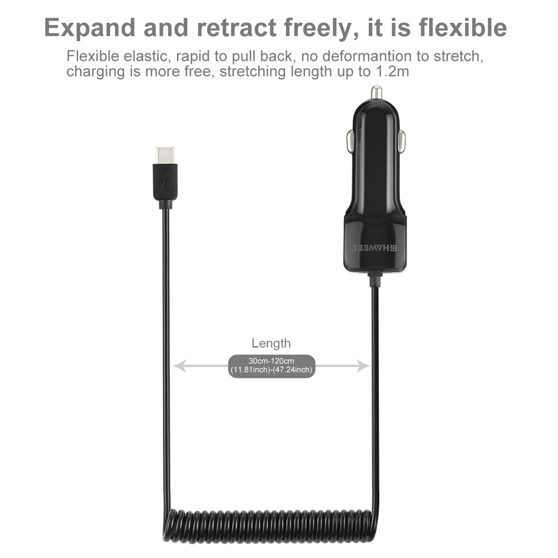 HAWEEL 5V 3.1A USB-C / Type-C Car Charger with Spring Cable, Length: 30cm-120cm